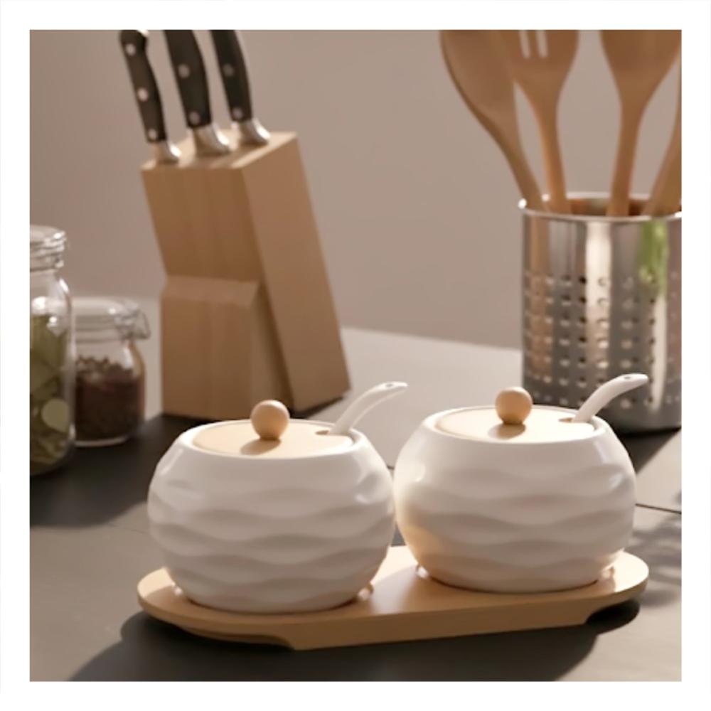 Set de 2 Recipientes Blanco Tapa Bambu 19.9cm Cocina y Guardar Alimentos Diario Y notas