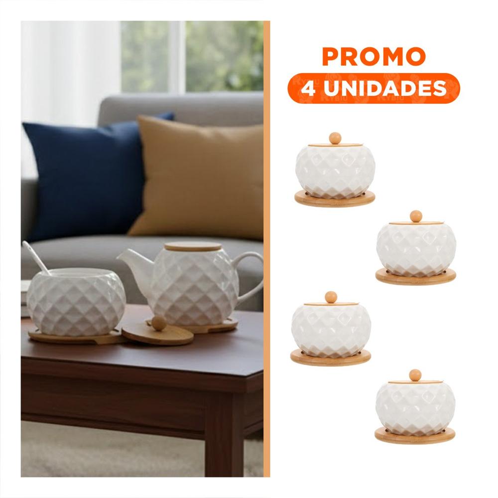 Pack4 Contenedor Circular 500ml con Tapa Bambu Cuchara y Soporte de Color Blanco