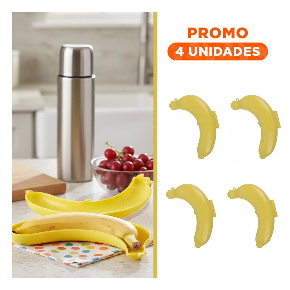 Pack4 Porta Platano Amarillo Comodo para Llevar en Lonchera Escolar o Laboral