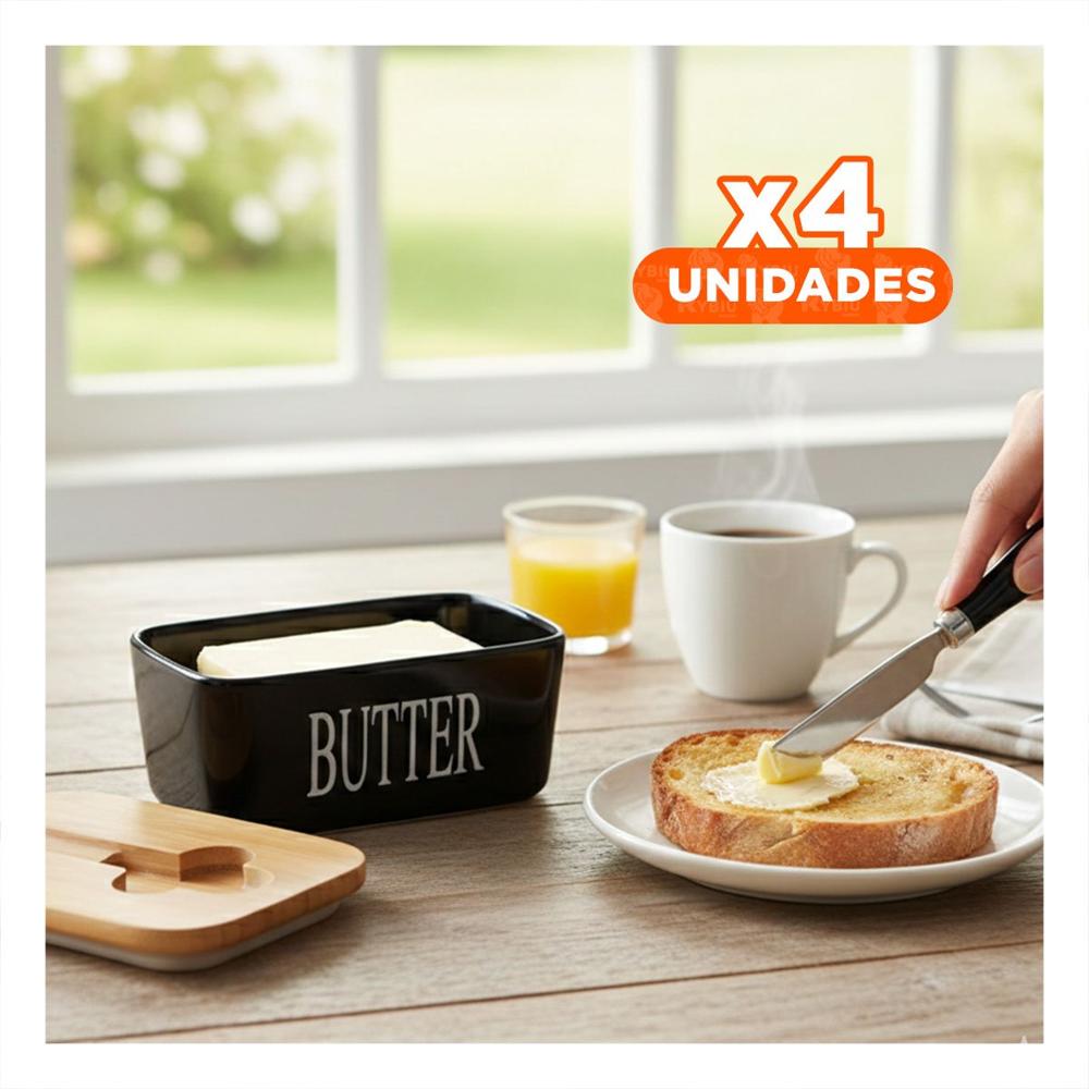 Pack4 Pack de Porta Mantequilla Blanco Tapa Bambu y Cuchillo Cocina y Hogar Y Papel Regalo