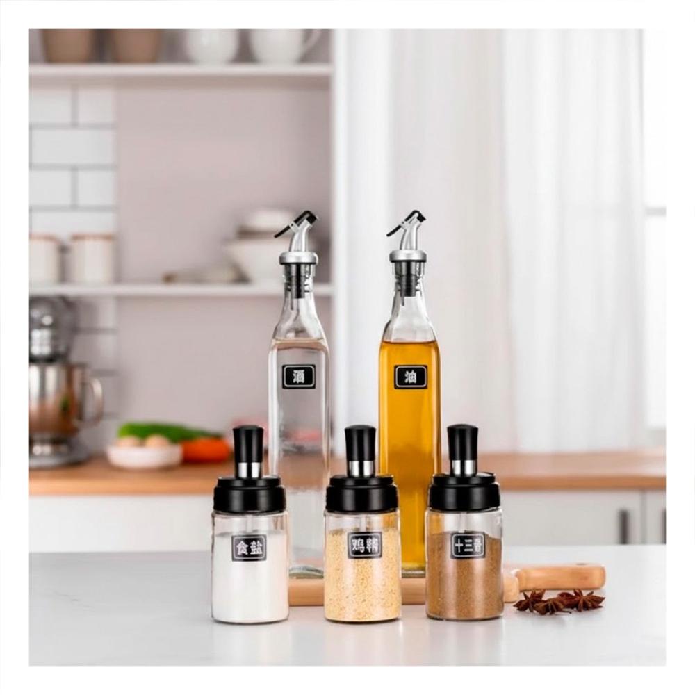 Set 3 condimenteros y 2 Aceiteros de Pico Transparente para Mesa Cocina Hogar