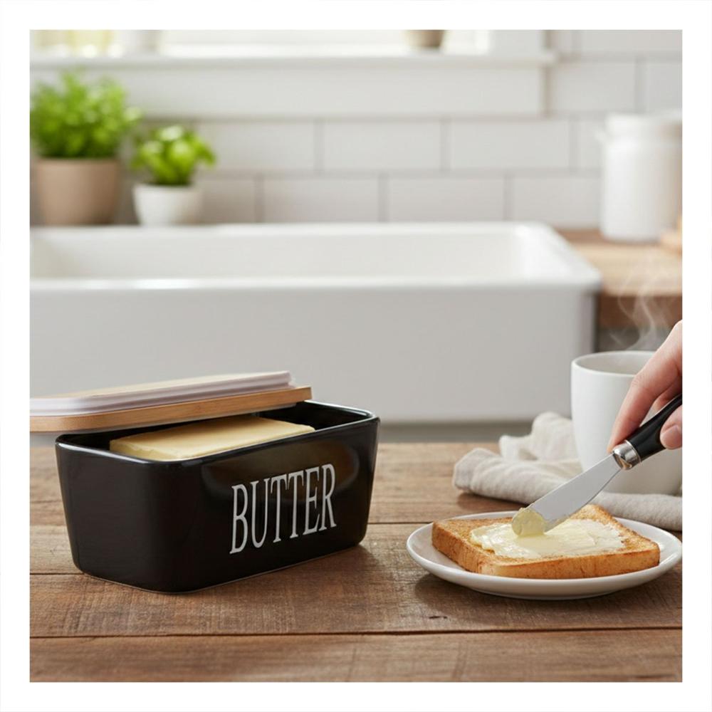 Set Blanco de Porta Mantequilla con Tapa Bambu y Cuchillo Uso Diario Cocina Y Papel Regalo