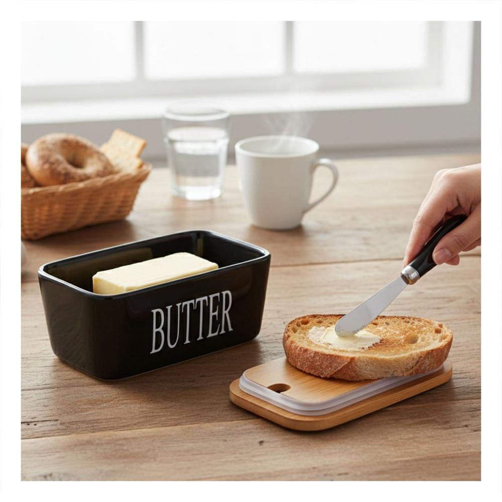 Set de Porta Mantequilla Blanco con Tapa Bambu y Cuchillo Cocina Hogar