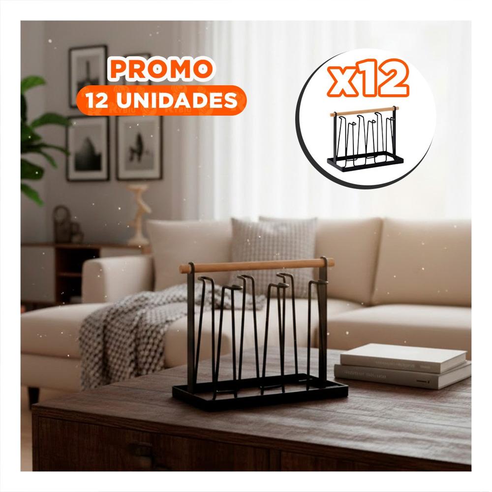 Pack12 Porta Tazas Compacto 6 Ramas Negro con Mango de Madera YPapel Regalo