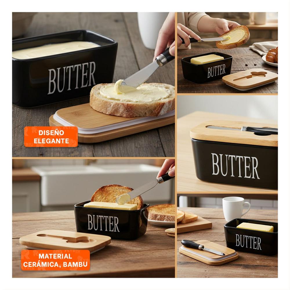 Set Blanco de Porta Mantequilla Tapa Bambu y Cuchillo Organización Cocina Y Ligas Regalo