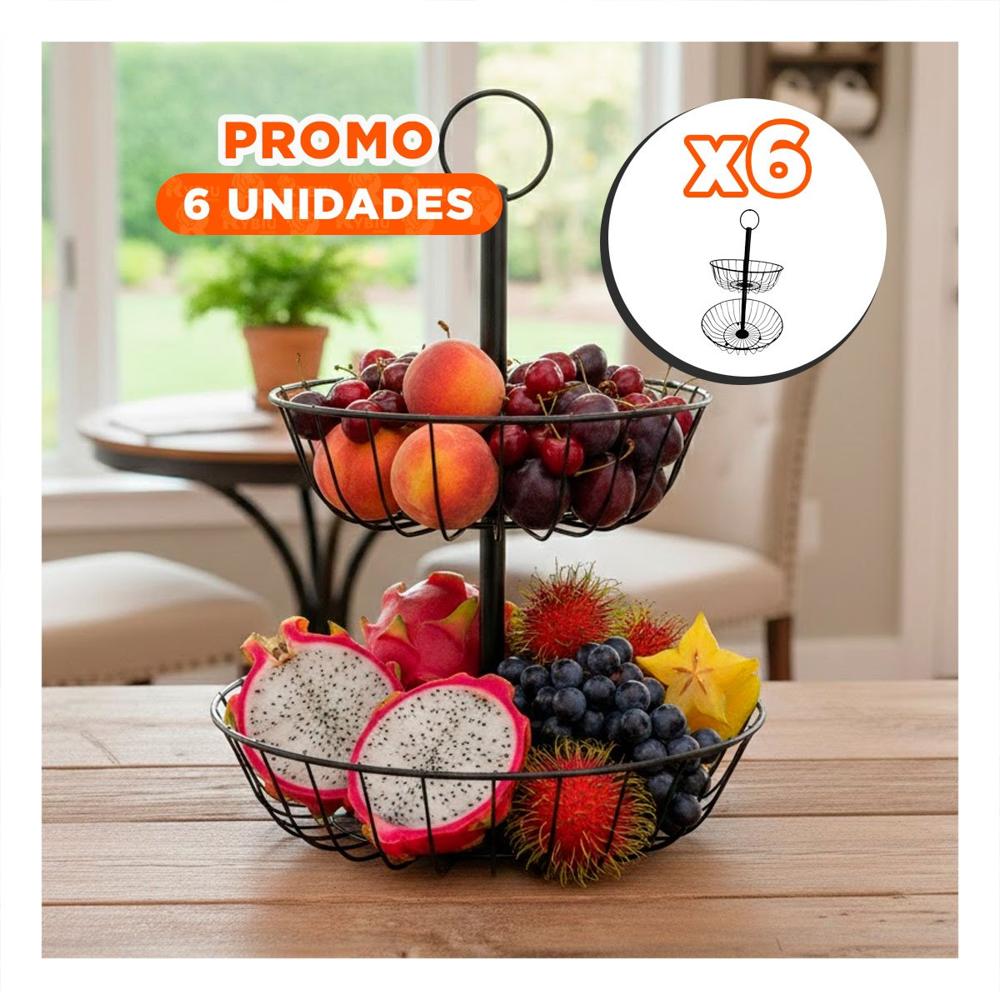 Pack6 Frutero Metal Negro 2 Pisos Diseno Circular para Cocina YPapel Regalo
