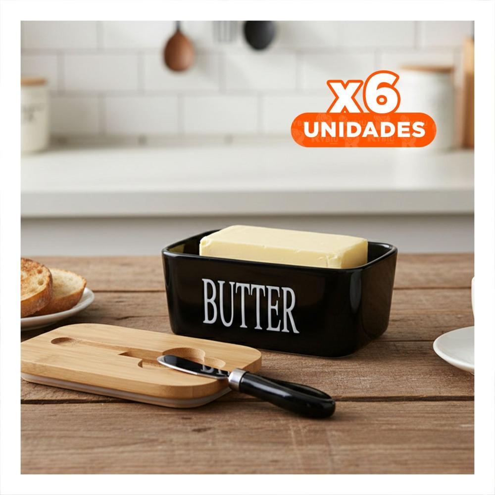 Pack6 Pack de Porta Mantequilla Blanco Tapa Bambu y Cuchillo Uso Diario Cocina y Hogar