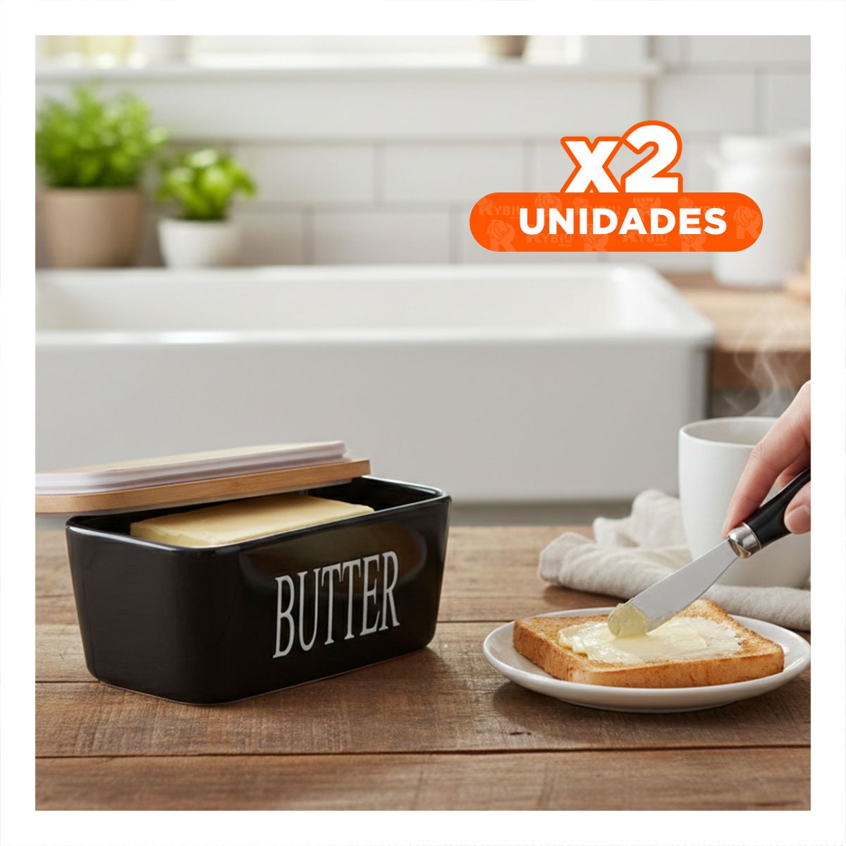Pack2 Conjunto de Porta Mantequilla Blanco con Tapa Bambu y Cuchillo Cocina Hogar