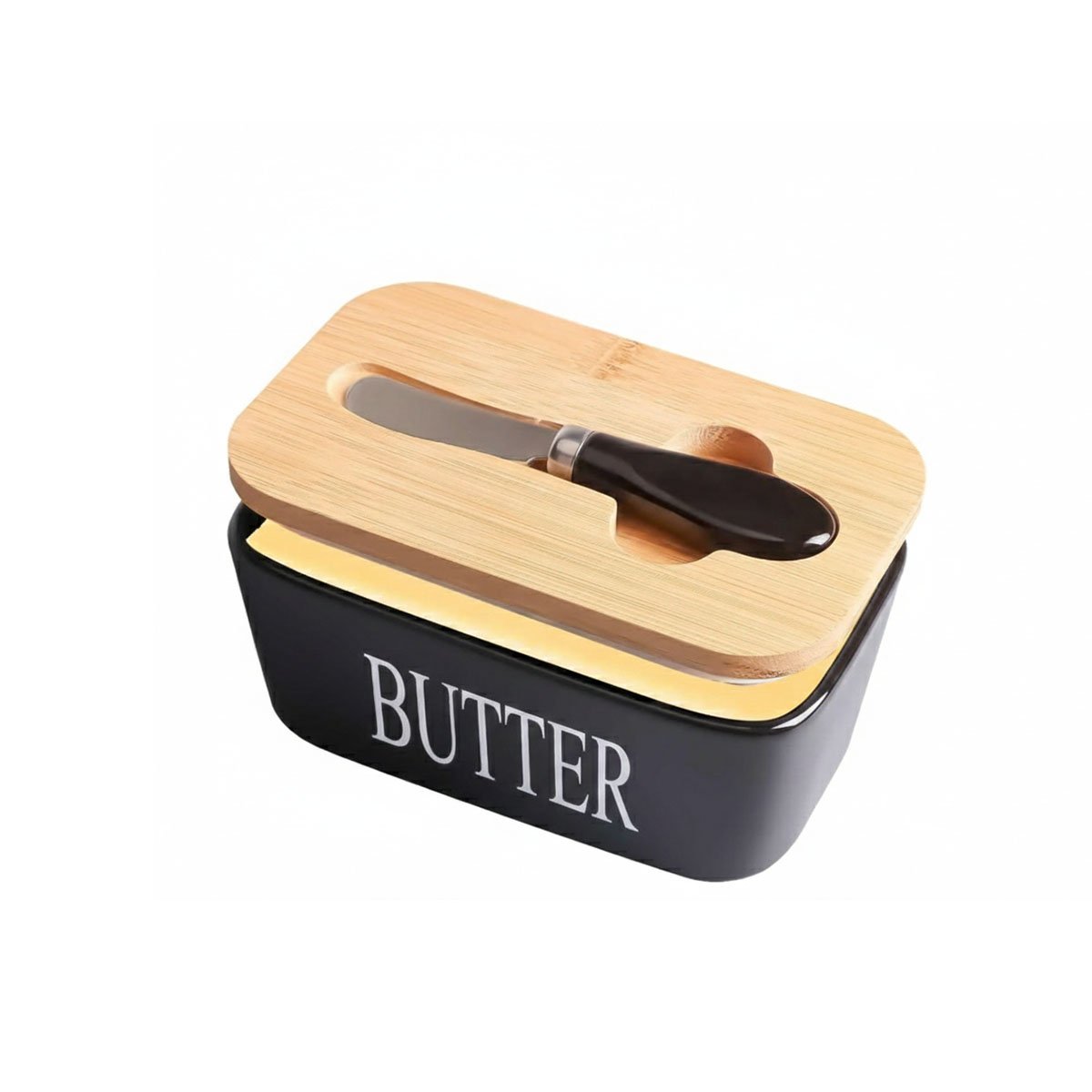 Set de Porta Mantequilla con Tapa Bambu Cuchillo Blanco Guardar Alimentos Y Regalo Sticker