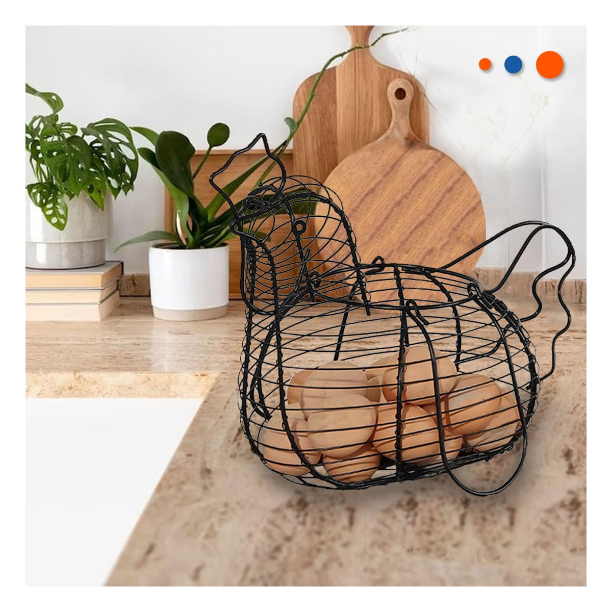Canasta para Huevos con Asa Negro con Diseño De Gallina En Casa Cocina Hogar y Papel Regalo