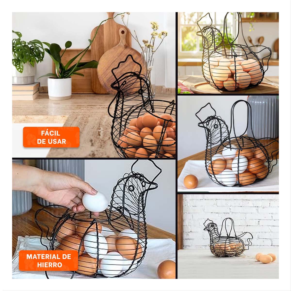 contenedor para Huevos con Asa Negro con Motivo De Gallina para Cocina Casa y Ligas Regalo