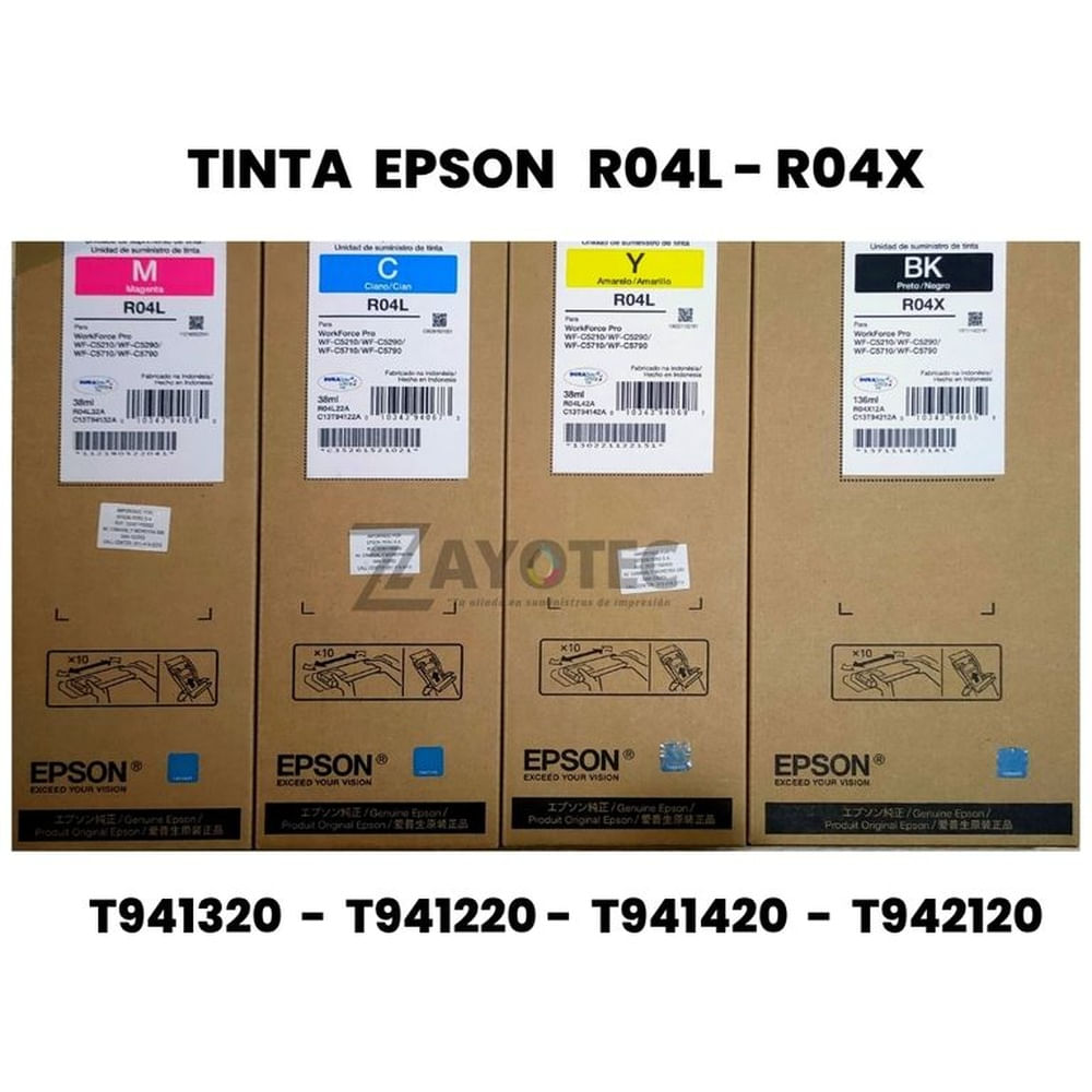 Kit Tintas Originales Epson T941 y T942 - x4 Colores CMYK Alto Rendimiento para Impresoras WorkForce
