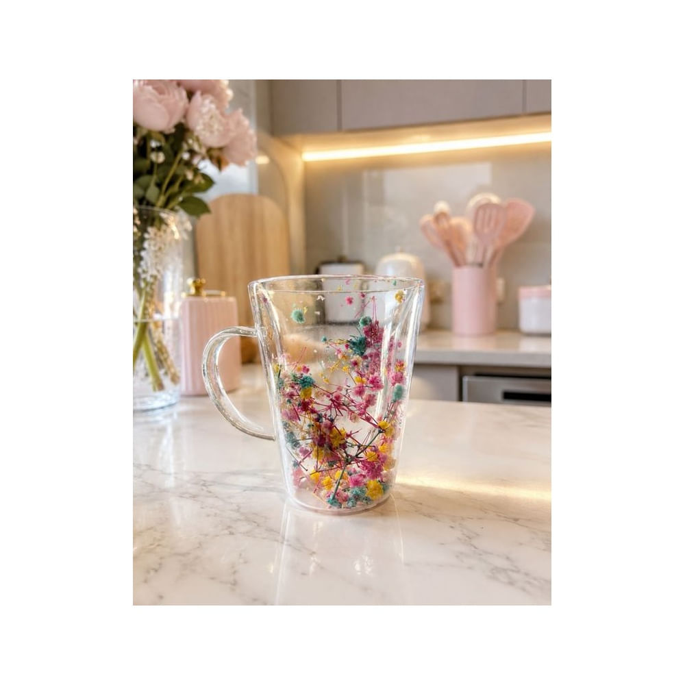 2 Tazas Premium Doble Fondo de Vidrio con Diseño de Flores Encapsuladas
