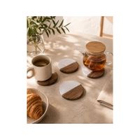 4 Posavasos Diseño tipo Mármol Blanco y Madera Natural