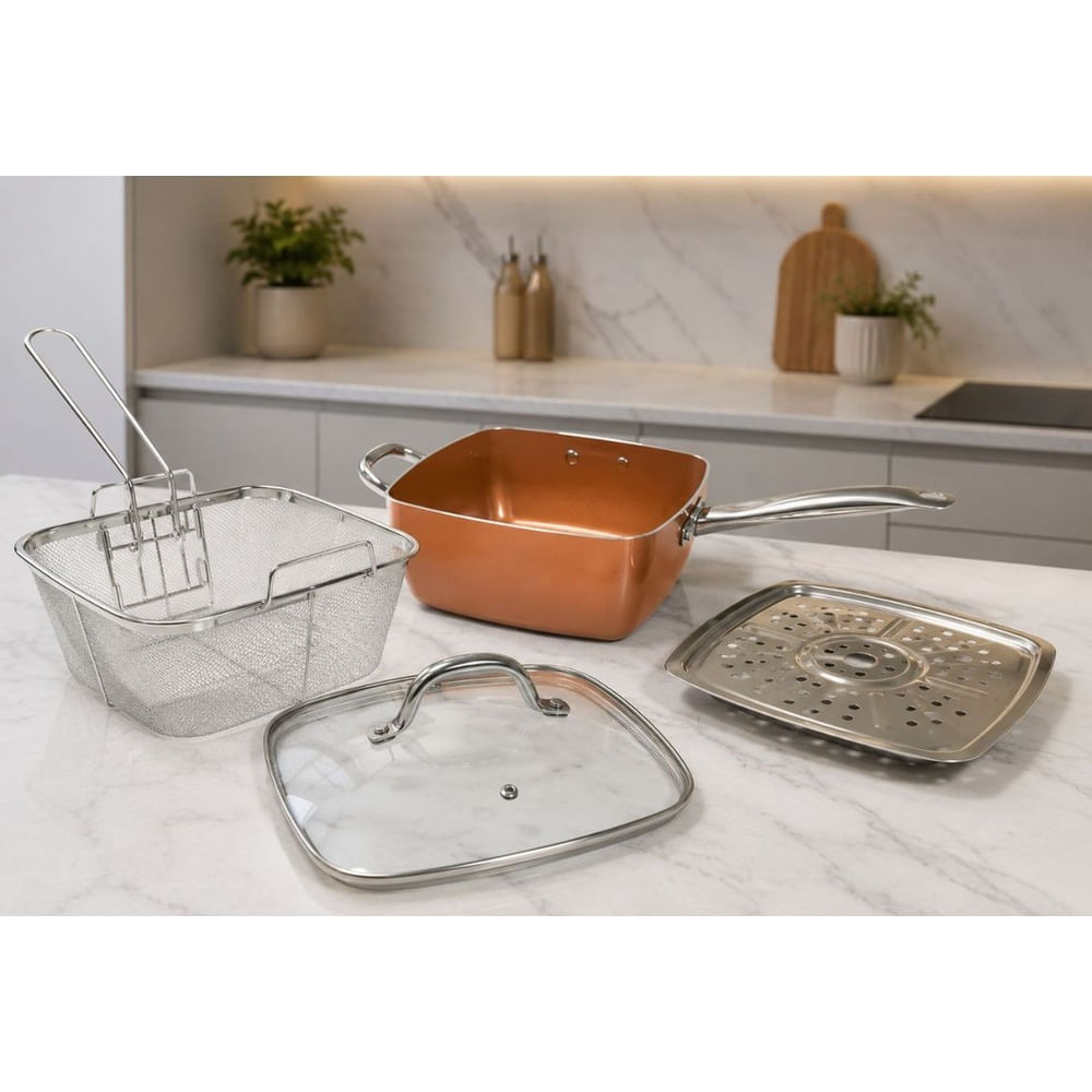 Copper Pan Multifuncional 25 cm con Colador, Rejilla de Vapor y Tapa de Vidrio