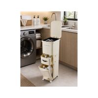 Tacho de Basura 3 Compartimentos con Separador, Pedal y Ruedas – Beige