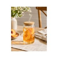 2 Vasos de Vidrio Borosilicato 550 ml con Tapa de Bambú y Sorbete