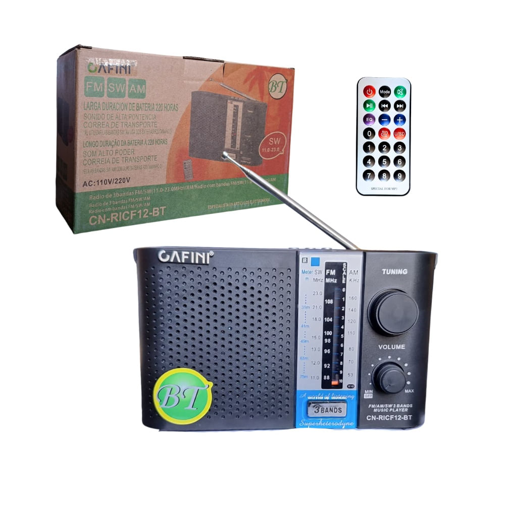 Radio Portátil AM/FM/SW Bluetooth USB MicroSD AUX CAFINI CN-RICF12-BT