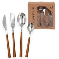Set de Cubiertos Premium de 24 Piezas de Acero Inoxidable Con Mango Estilo Madera