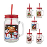VASO NAVIDEÑO DE VIDRIO 450 ML CON TAPA Y SORBETE