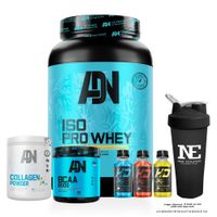 COMBO ADN - ISO PRO WHEY 1KG. COOKIE Y BCAA 8000 540GR. MANZANA Y COLLAGEN 500 GR. NARANJA Y SHAKER