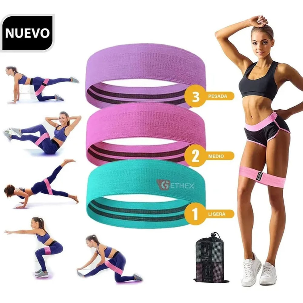 Set de 3 Bandas de Resistencia de Tela para Glúteos - Ligas Antideslizantes 3 Niveles
