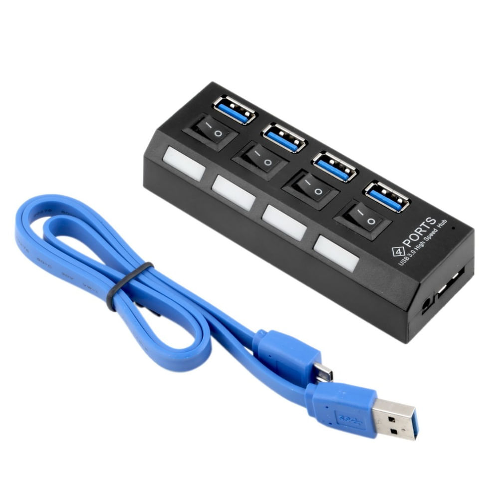 Hub 4 Puertos Independientes 3.0 USB Botón Encendido cada Puerto Negro