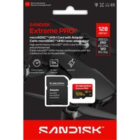 Memoria MicroSD SanDisk Extreme PRO 128GB V30 U3 UHS-I A2 R250MBs 4K con adaptador SD