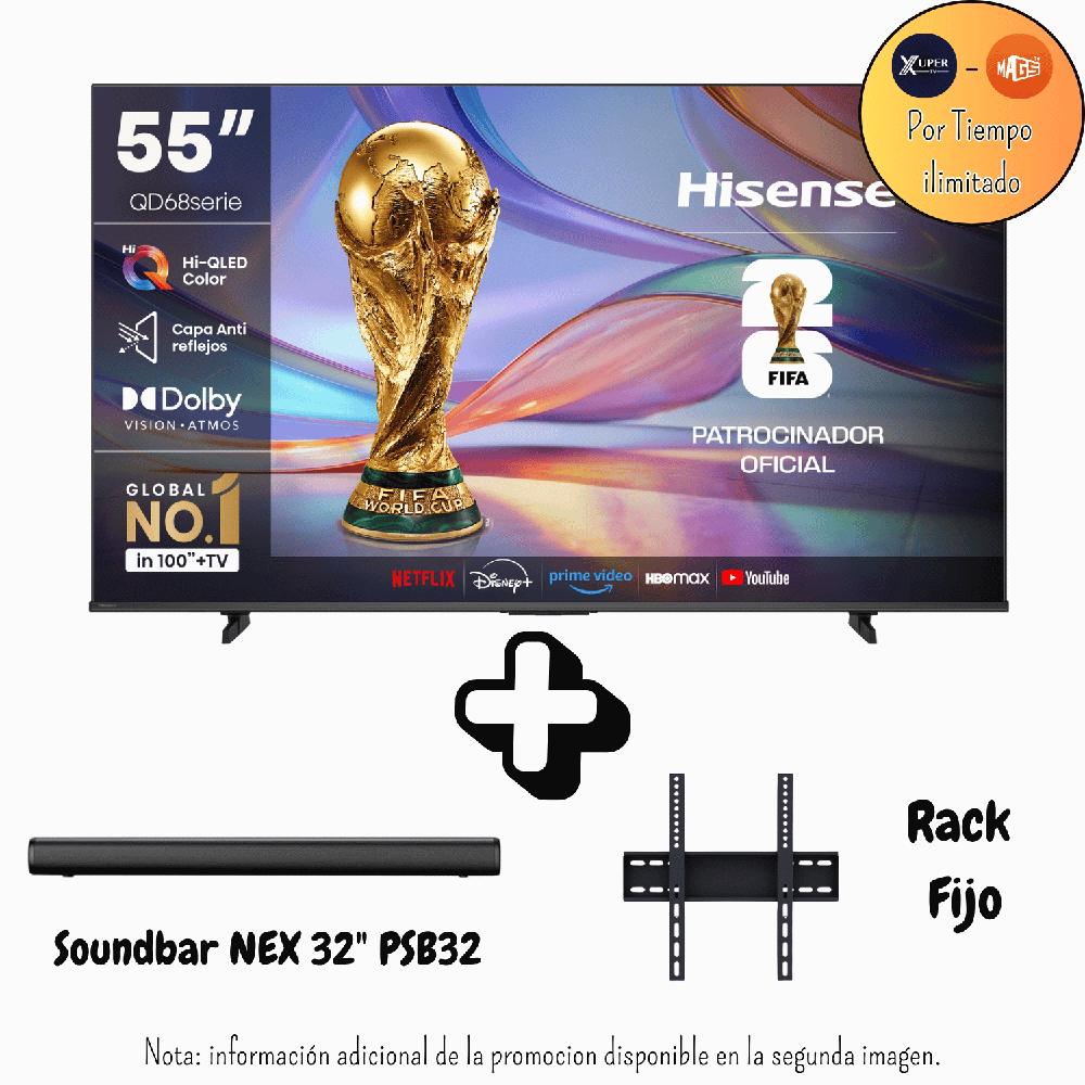 Televisor Hisense 55 Pulgadas QLED Antirreflejo Google TV 55QD68SG Promoción Soundbar Nex Rack