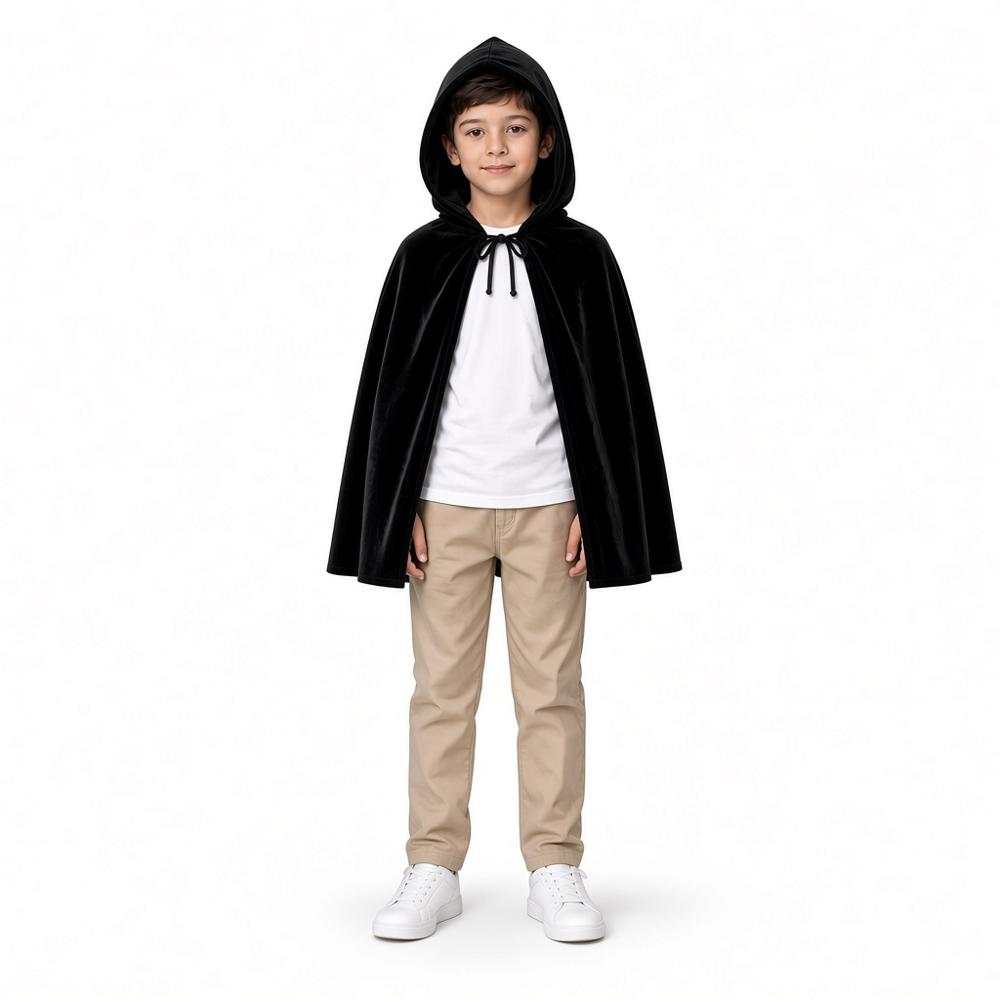 CAPA DE TERCIOPELO 60 CM NIÑOS CAPUCHA NEGRA BRUJA VAMPIRO DISFRAZ NAVIDAD HALLOWEEN GENIEKA