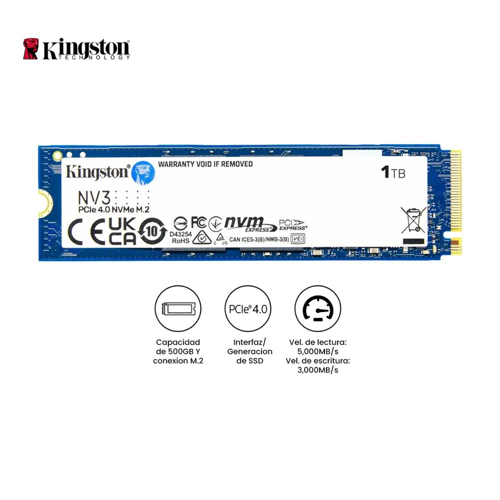 Disco Duro Sólido SSD Kingston NV3 1TB M.2 NVMe PCIe 4.0 Hasta 6000MB/s SNV3S/1000G