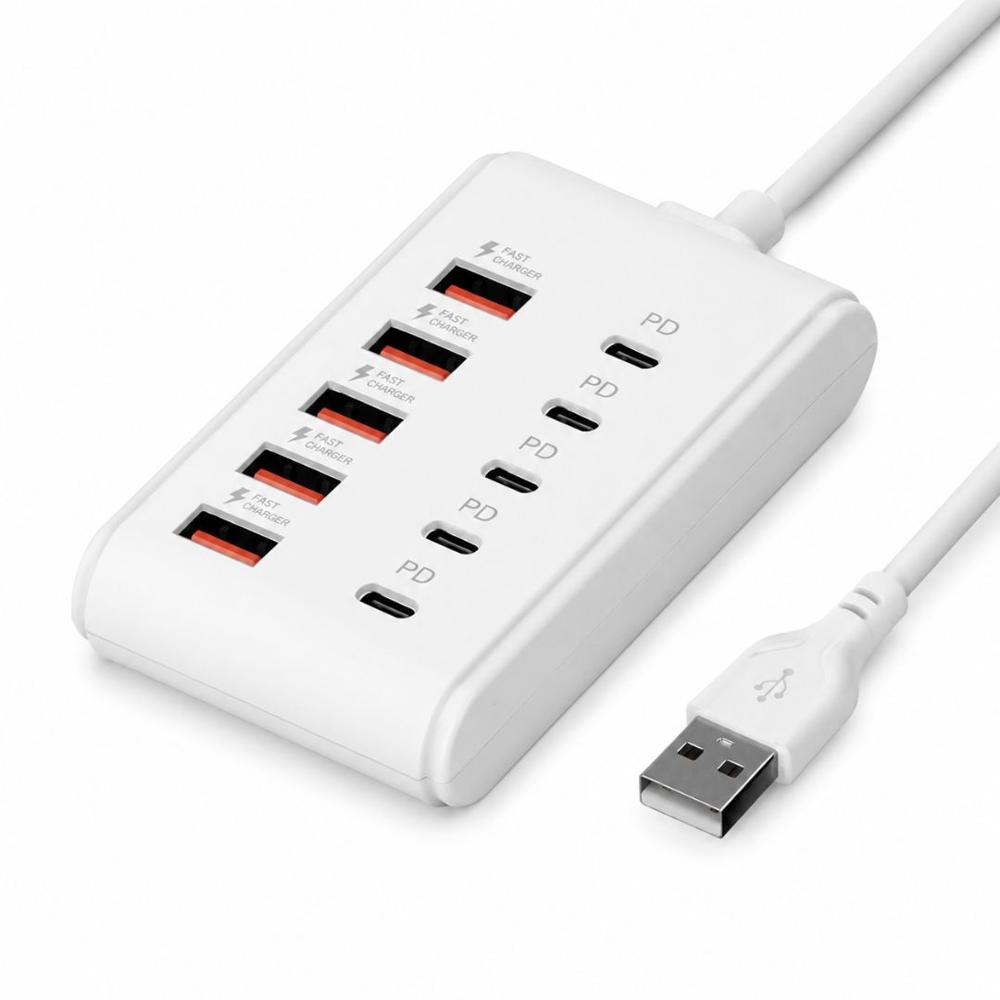 Hub Cargador 10 Puertos USB-A y USB-C PD Carga Rápida Multipuertos Blanco