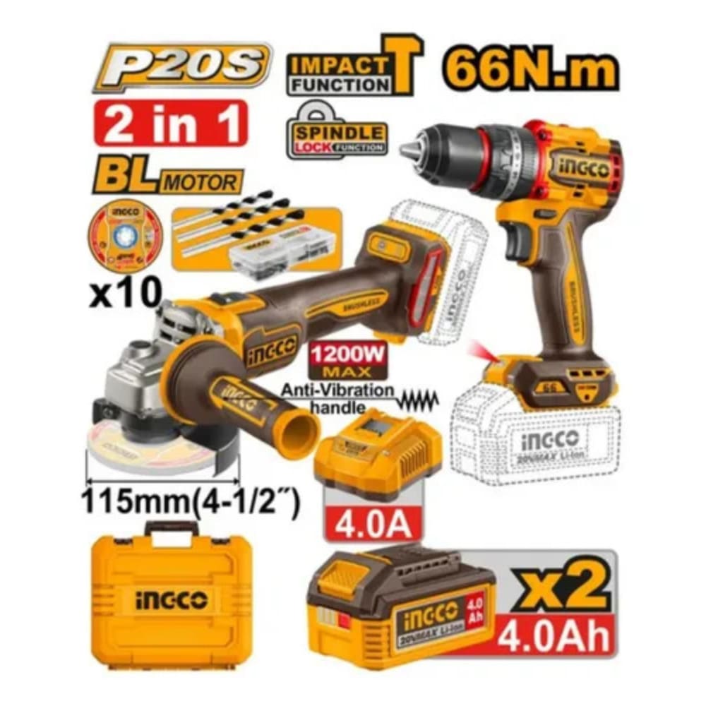 KIT COMBINADO INALÁMBRICO 2 PCS INGCO CKLI20256 KIT COMBINADO INALÁMBRICO TALADRO PERCUTOR + AMOLADORA CKLI20256
