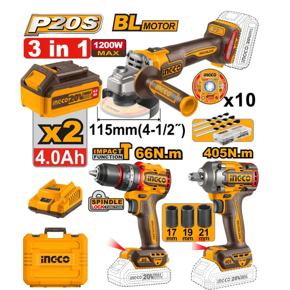 KIT COMBINADO INALÁMBRICO 3 PCS INGCO CKLI20358 KIT COMBINADO INALÁMBRICO 3 PCS PERCUTOR+AMOLADORA+LLAVE DE IMPACTO CKLI20358