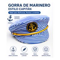 Gorra de Marinero Capitán Azul y Blanco con Ancla Dorada Disfraces Halloween Fiesta