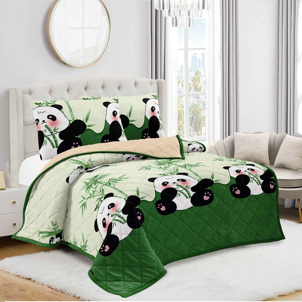 Cobertor Edredon 3 Piezas Piel de Angel con Carnero Estampado en Bolsa Ziploc Verde Oscuro