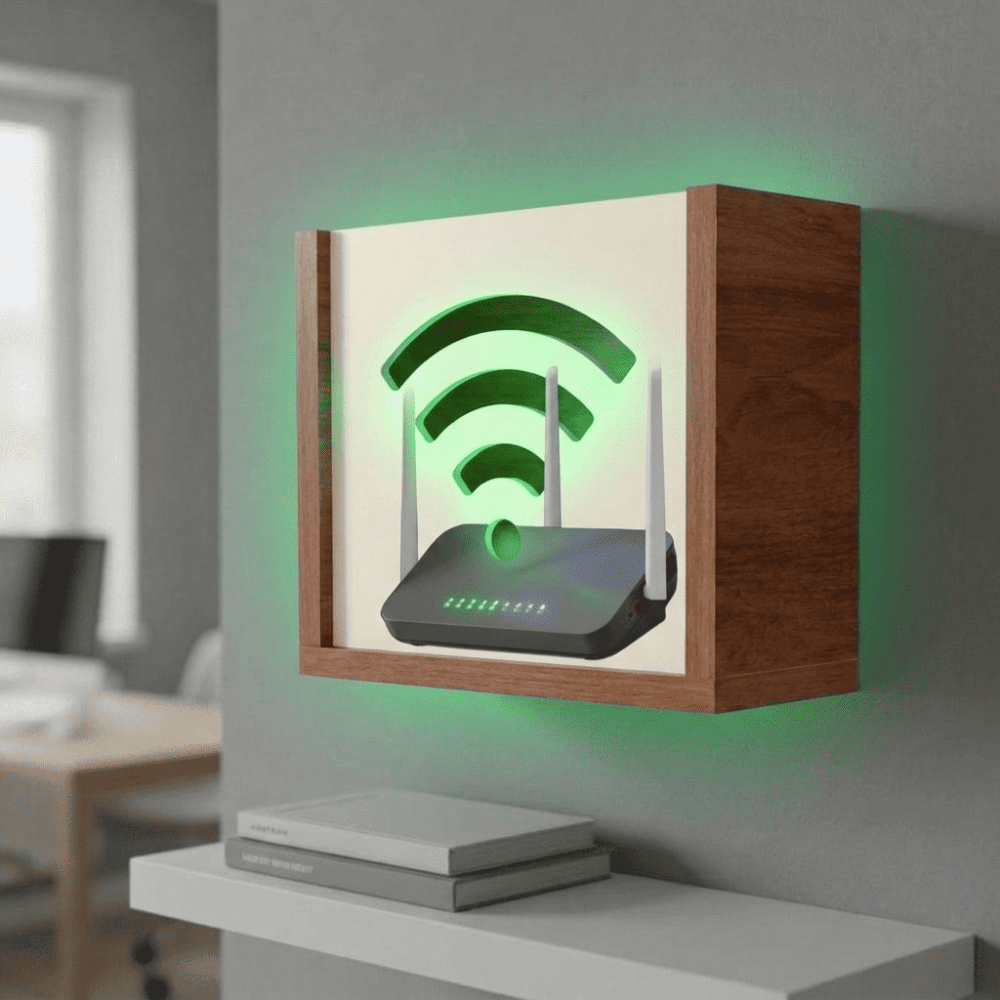 Organizador flotante de melamina para modem o router Wifi. Cedro