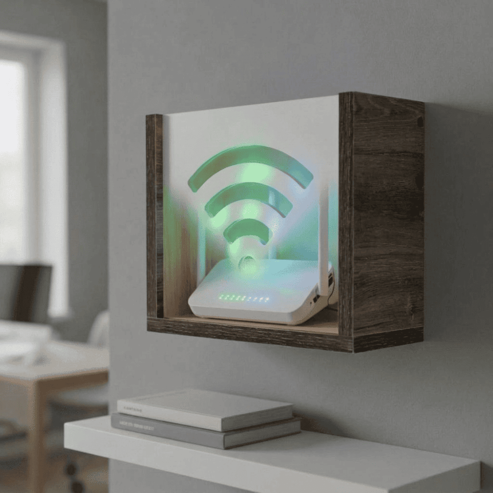 Organizador flotante de melamina para modem o router Wifi. Siena