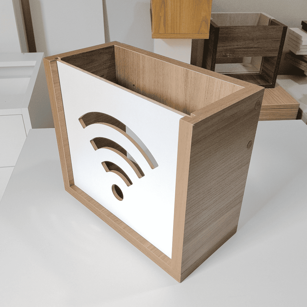 Organizador flotante de melamina para modem o router Wifi. Espresso