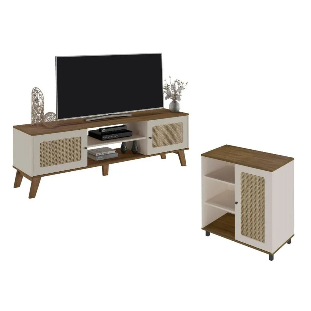 COMBO Mesa de TV y Aparador Nórdica Sagra con Ratán Gales y Blanco RyR MUEBLES