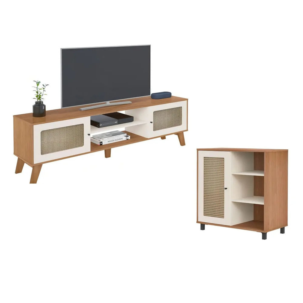 COMBO Mesa de TV y Aparador Nórdica Sagra con Ratán Panela y Blanco RyR MUEBLES