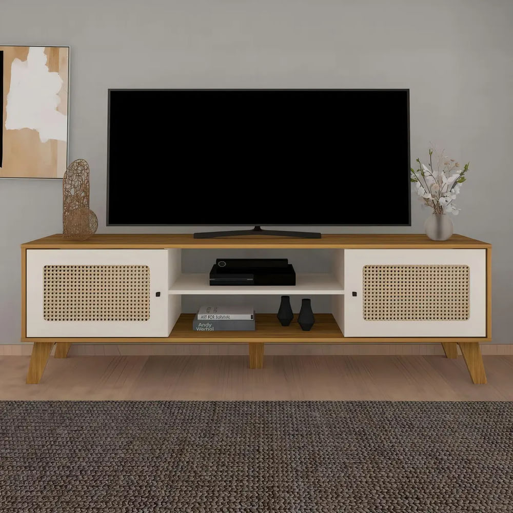 Mesa de TV Nórdica Sagra 2 Puertas con Ratán Duna y Blanco RyR MUEBLES