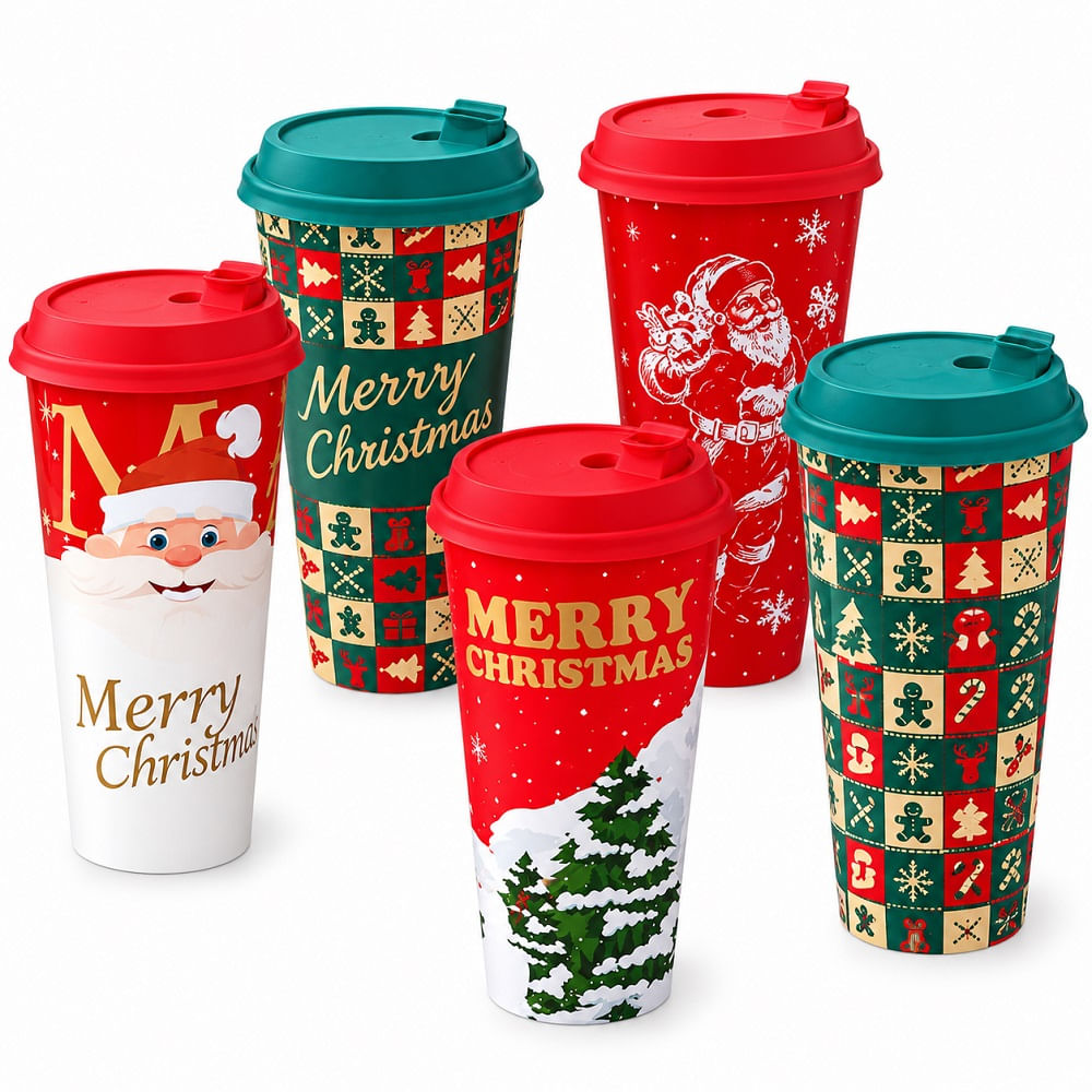 Vasos con Tapa Plasticos para Chocolatada Navidenos 500ml 25 Unid