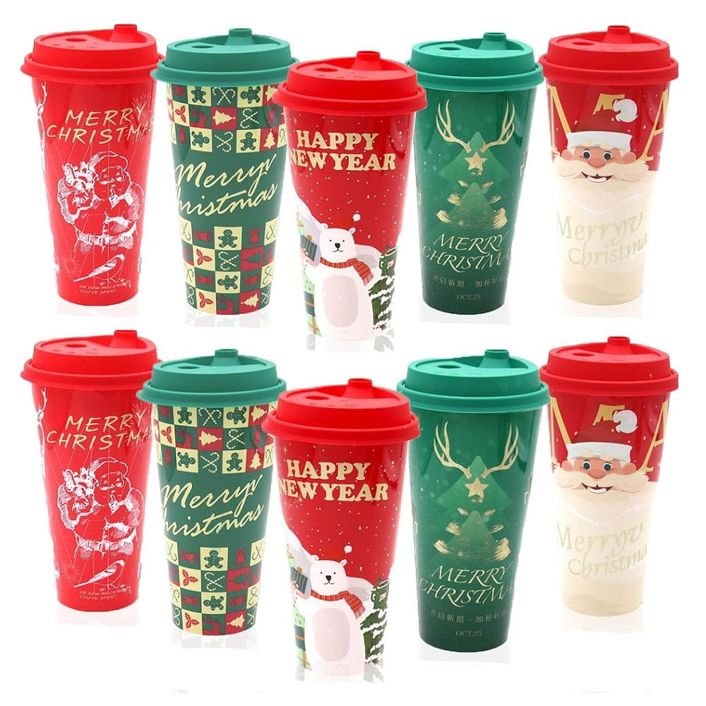 Vasos con Tapa Plasticos para Chocolatada Navidenos 500ml 25Unid