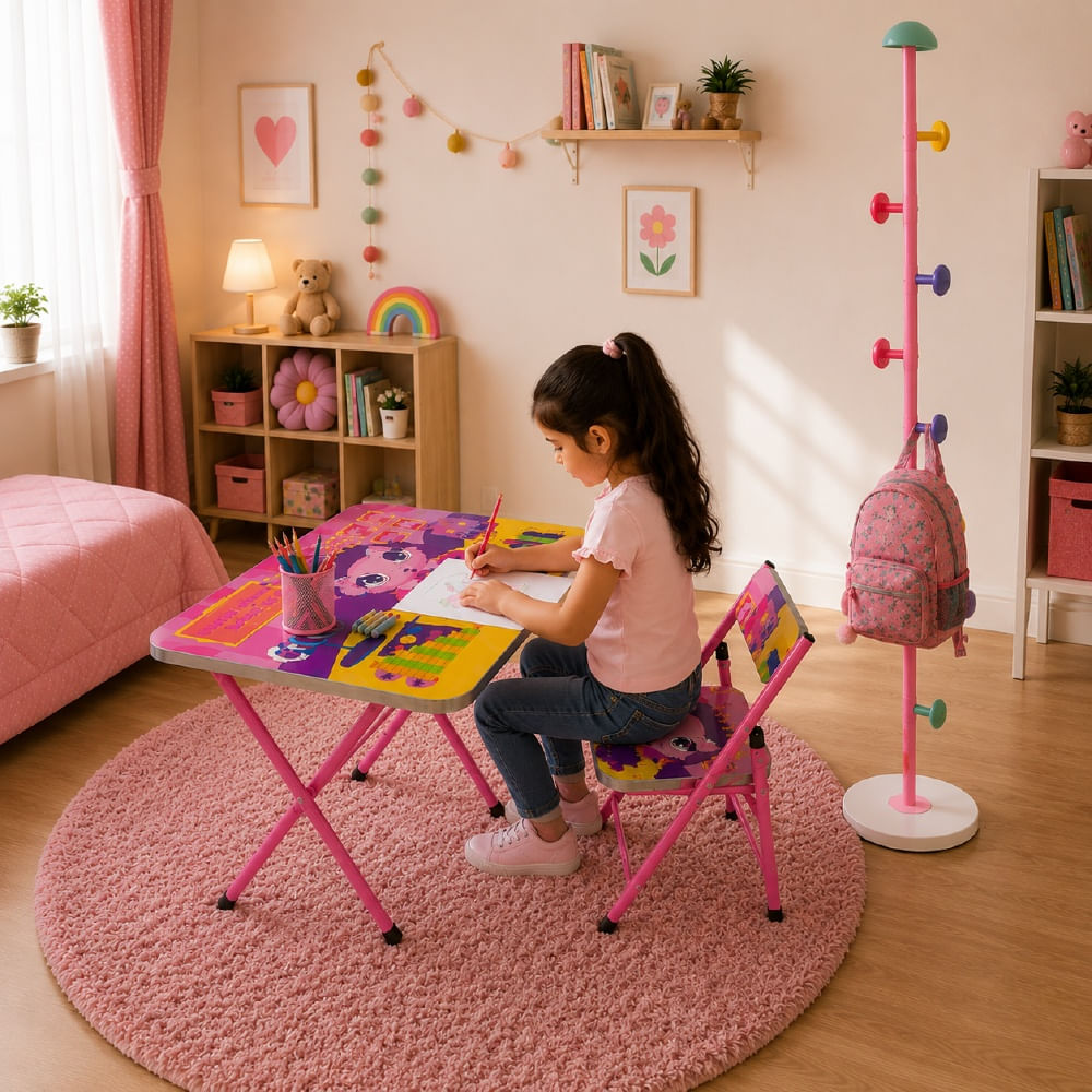 Set Infantil 3 Piezas Incluye Mesa Plegable - Silla Plegable - Perchero Hongo 1.70 m