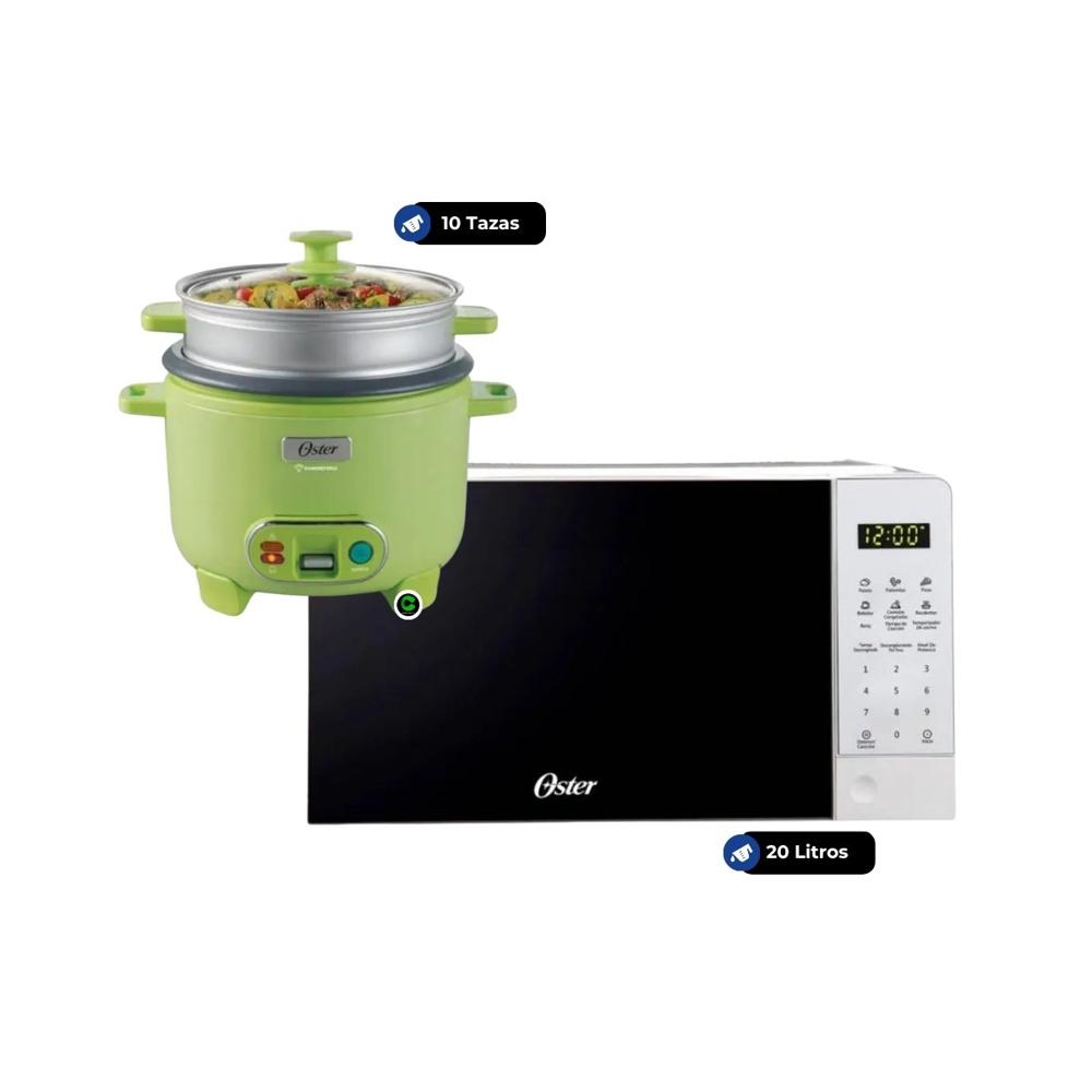 ombo Horno Microondas Digital 20 litros POGGE2701 y Olla Arrocera Oster 3 en 1 de 10 tazas