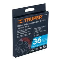 Disco de lija 4-1/2"" con respaldo de fibra, grano 36, TRUPER 100125 x 5 piezas