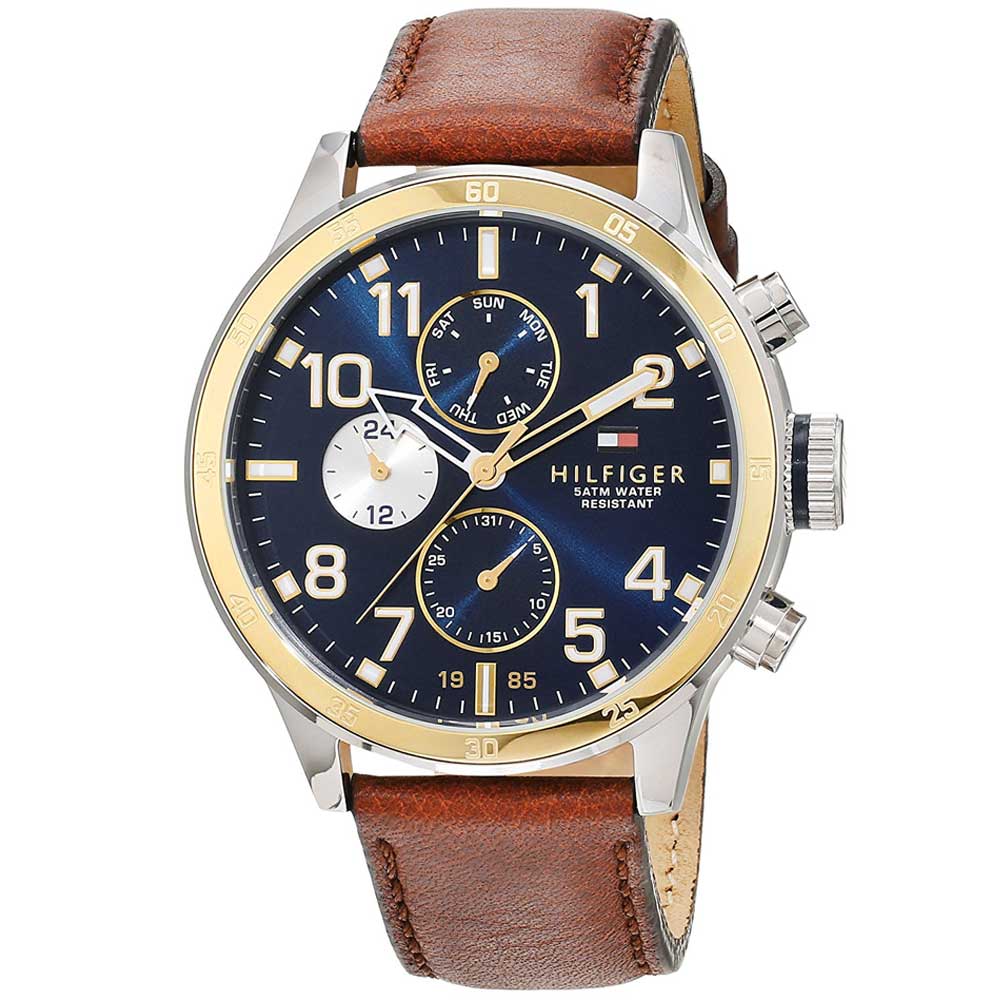 Reloj Tommy Hilfiger Cool Sport 1791137 Multifuncional Correa De Cuero Marron Dorado Azul