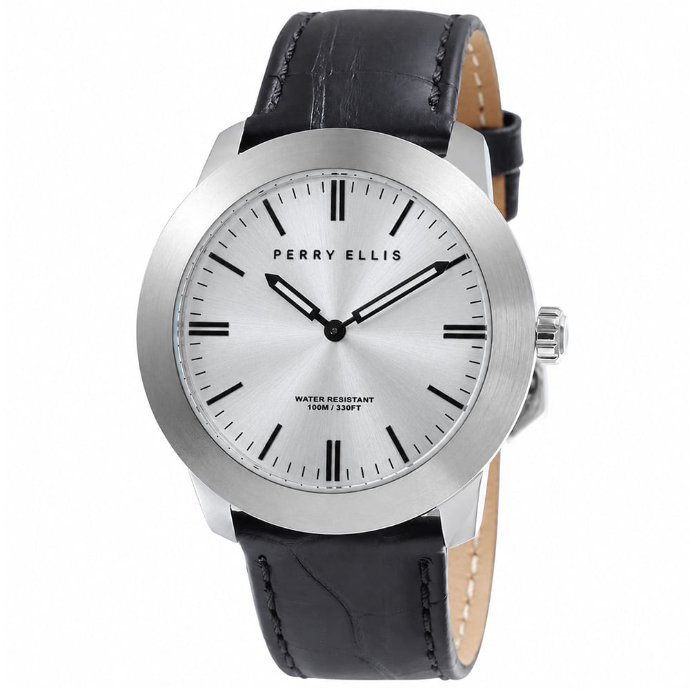 Reloj Perry Ellis Slim Line 42 07013-01 Acero Inoxidable Correa de Cuero Negro Dial Plateado