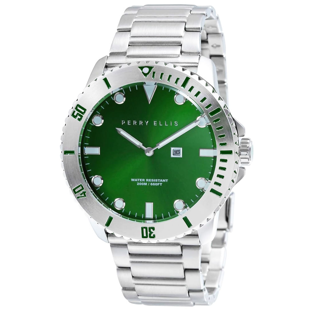 Reloj Perry Ellis Deep Diver 42 06003-02 Fecha Acero Inoxidable Dial Verde